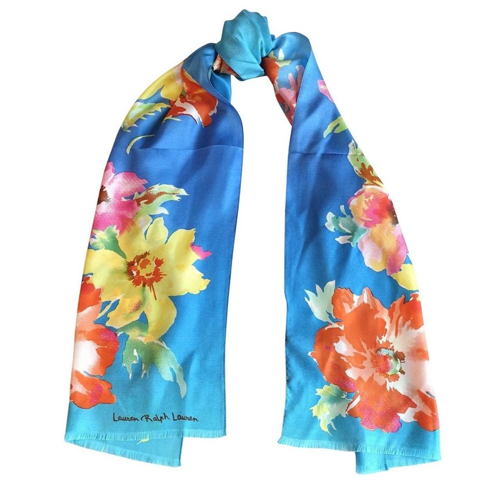 RALPH LAUREN Blue Silk Twill Floral Lara Fringe Signature Logo Oblong Scarf
